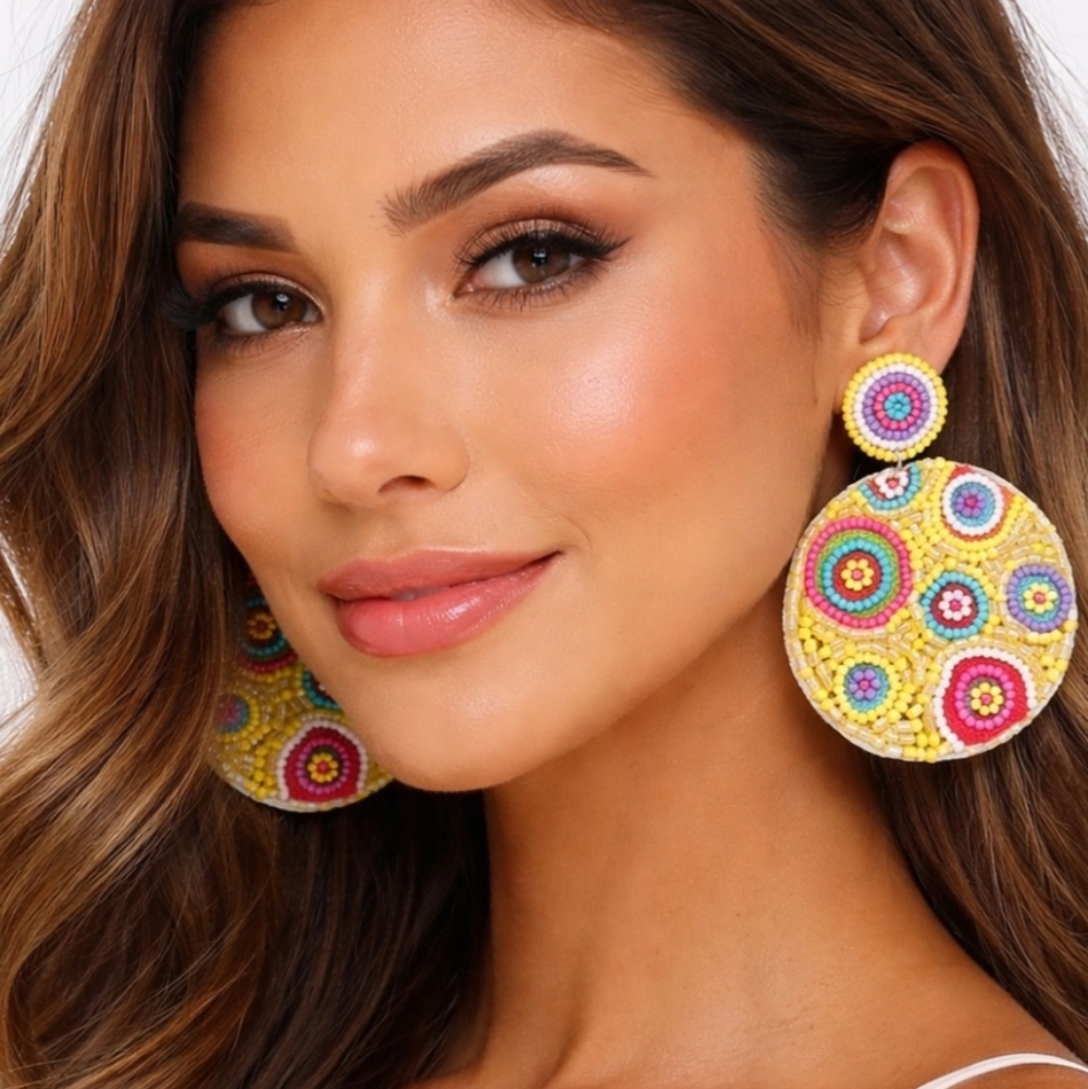Kay Lee Yellow Boho Glass Beaded Earrings New